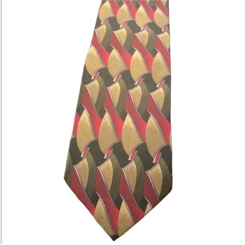 Mike Krzyzewski Collection Three Silk Tie Gold Olive Burgundy Geometric Abstract